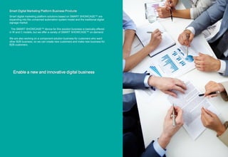 Smart Digital Marketing Platform Business Products
Smart digital marketing platform solutions based on SMART SHOWCASE™ are
expanding into the unmanned automation system model and the traditional digital
signage market.
The SMART SHOWCASE™ device for this solution business is basically offered
in W and C models, but we offer a variety of SMART SHOWCASE™ on-demand.
We are also working on a component solution business for customers who want
other B2B business, so we can create new customers and make new business for
B2B customers.
Enable a new and innovative digital business
 