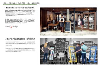 スマートデジタルマーケティングプラットフォームのビジネス
⚫ 無人デジタルショップインショップビジネス
SMART SHOWCASE™のビジネスモデルは、金融商品など無形
商品を販売する無人デジタル金融商品販促サービスのビジネスを
可能にします。
伝統的なパンフレット販促と無人デジタル販促を組み合わせるこ
とで消費者に慣れ親しんだ方法で無形商品の販促ができ、多様な
O4O/O2Oビジネスを可能にします。
⚫ 無人デジタル金融商品販促サービスビジネス
SMART SHOWCASE™は無人販売システムでデジタル広告システム、
製品販売及び流通インフラシステムを同時に提供する新しいビジ
ネスモデルを実現します。このビジネスモデルは店内店舗
（ショップインショップ、Shop in Shop）のビジネスプラット
フォームを可能にします。
店内店舗（Shop in Shop）ビジネスプラットフォームは、プラッ
トフォーム事業者が既存店舗（例えば、フランチャイズ珈琲店）
内にSMART SHOWCASEを設置・運営し、メーカーの商品を流通
する無人流通販売ビジネスを実現するものです。
 