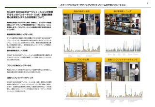 ブランド広報
商品の販促・販売 選好度調査・ニーズ
金融パンフレットマーケティング
SMART SHOWCASE™ソリューションが提供
するモノのインターネット（IoT）基盤の顧客
関心度測定システムの活用度について
2
顧客関心度をデジタル方式で測定・数値化し、ビッグデータ基盤
の新しいマーケティング手法を提供するトータルソリューション
を提供します。このソリューションは多様な分野に応用性を拡大
しています。
商品販促及び販売ビッグデータ化
デジタル販売台の機能を目的に設置されたSMART SHOWCASE™
ソリューションは、商品販促及び販売分析のためのビッグデータ
ソリューションとして活用されています。顧客の商品選好度と購
買との関連性を分析し、販売促進と新しいマーケティング戦略の
立案を可能にします。
選好度調査及びニーズ分析
SMART SHOWCASE™ソリューションは消費者選好度を確認する
ためのマーケティング調査や顧客ニーズ把握（色など）などのた
めに活用されます。
ブランド広報のビッグデータ化
商品とブランドとを紐づけるブランド広報や分析などを可能にし、
商品の展示目的を数値化するために活用されます。
SMART SHOWCASE™ソリューションは、金融・観光などの無形
商品を広報するパンフレットマーケティングと同じ領域で活用で
きます。伝統的な広報媒体と併用して顧客の具体的なニーズを把
握し、顧客へのフィードバックを強化できるマーケティング分析
ツールとして活用されます。
金融パンフレットマーケティング
スマートデジタルマーケティングプラットフォームの中核ソリューション
 