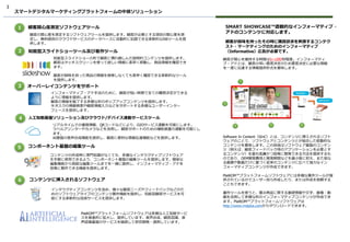 3
知能型スライドショーツール及び著作ツール
コンポーネント基盤の編集ツール
コンテンツの作成時に専門知識がなくても、多様なインタラクティブソフトウェア
を手軽に使用できるよう、コンポーネント基盤の編集ツールを提供します。簡単な
編集機能から高級な編集ツールまでを一緒に提供し、インフォーマティブ・アドを
容易に製作できる機能を提供します。
人工知能基盤ソリューション及びクラウド/デバイス連動サービスツール
リアルタイムでの価格情報、QRコードなどにより、O2Oサービス連動を可能にします。
ラベルプリンターやカメラなどを活用し、顧客サポートのための補助装置の連動を可能にし
ます。
AI基盤の音声合成機能を提供し、顧客に便利な情報伝達機能などを提供します。
オーバーレイコンテンツをサポート
インフォーマティブ・アド手法のために、顧客が短い時間で全ての購買決定ができる
ように情報を提供します。
顧客の視線を魅了する多様な形のポップアップコンテンツを提供します。
キオスクの情報検索や顧客情報入力などをサポートする多様なユーザーインター
フェースを提供します。
顧客関心度測定ソフトウェアツール
顧客の関心度を測定するソフトウェアツールを提供します。顧客が必要とする項目の関心度を測
定し、無料提供のクラウドサービスのデータベースに自動的に記録できる革新的なSWツールを提
供します。
コンテンツに挿入されるソフトウェア
インタラクティブコンテンツを含め、様々な顧客ニーズやフィードバックなどのた
めのソフトウェアタイプのコンテンツ製作機能を提供し、知能型顧客サービスを可
能にする革新的な技術サービスを提供します。
顧客が関心を維持する時間は5~10秒秒程度。インフォーマティ
ブ・アドとは、顧客の早い意思決定のため意思決定に必要な情報
を一度に伝達する情報提供形式を意味します。
顧客が興味を持ったその時に購買欲求を刺激するコンテク
スト・マーケティングのためのインフォーマティブ
（Informative）広告が必要です。
SMART SHOWCASE™直観的なインフォーマティブ・
アドのコンテンツに対応します。
1
2
3
4
5
6
Software In Content（SInC）とは、コンテンツに挿入されるソフト
ウェアのことで、ソフトウェアとコンテンツとが結合した能動的な
コンテンツを意味します。この技術はソフトウェア基盤のコンテン
ツ（例えば、顧客フィードバック用のアプリケーションを必要とす
るコンテンツ）を最も低廉かつ容易に開発できる方法を提供するも
のであり、OEM開発費用と開発期間などを最小限に抑え、また単な
る画像や動画だけに基づく従来のコンテンツに比べて強力なイン
フォーマティブコンテンツが作成できます。
PlatKOM™プラットフォームソフトウェアには多様な著作ツールが提
供されているのでユーザー自ら作成したり、または作成を依頼する
こともできます。
著作ツールを使うと、展示商品に関する基礎情報や文字、画像・動
画を活用して多様な形のインフォーマティブコンテンツが作成でき
ます。PlatKOM™プラットフォームソフトウェアは
http://www.rndplus.comからダウンロードできます。
PlatKOM™プラットフォームソフトウェアは多様な人工知能サービ
スを漸進的に拡大し、提供しています。音声合成、顧客認識、音
声認識基盤のサービスを継続して研究開発・適用しています。
スマートデジタルマーケティングプラットフォームの中核ソリューション
知能型スライドショーの形で顧客に慣れ親しんだ説明的コンテンツを提供します。
顧客はタッチスクリーンを使って欲しい情報に素早く移動し、商品情報を確認でき
ます。
顧客が興味を持った商品の情報を検索しなくても素早く確認できる革新的なツール
を提供します。
 