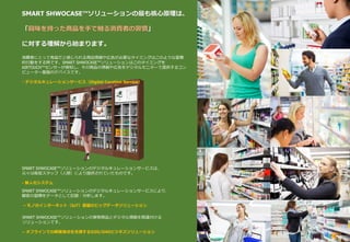 SMART SHWOCASE™ソリューションの実物商品とデジタル情報を関連付ける
ソリューションです。
– オフラインでの顧客接点を支援するO2O/O4Oビジネスソリューション
SMART SHWOCASE™ソリューションのデジタルキュレーションサービスは、
元々は販促スタッフ（人間）により提供されていたものです。
- 無人化システム
SMART SHWOCASE™ソリューションのデジタルキュレーションサービスにより、
顧客の習慣をデータとして記録・分析します。
– モノのインターネット（IoT）基盤のビッグデータソリューション
SMART SHWOCASE™ソリューションの最も核心原理は、
「興味を持った商品を手で触る消費者の習慣」
に対する理解から始まります。
消費者にとって有益だと感じられる商品情報や広告が必要なタイミングはこのような習慣
的行動をする時です。SMART SHWOCASE™ソリューションはこのタイミングを
AIRTOUCH™センサーが検知し、その商品の情報や広告をデジタルモニターで提供するコン
ピューター基盤のデバイスです。
– デジタルキュレーションサービス（Digital Curation Service）
 