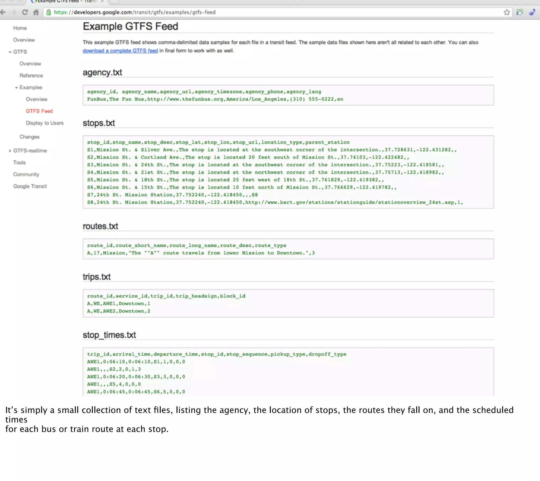It’s simply a small collection of text ﬁles, listing the agency, the location of stops, the routes they fall on, and the scheduled
times
for each bus or train route at each stop.
 