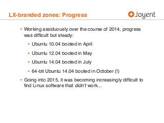 LX-branded zones: Progress
• Working assiduously over the course of 2014, progress
was difﬁcult but steady:
• Ubuntu 10.04...