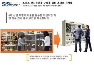 4차 산업 혁명의 기술을 활용한 혁신적인 기
업 상품 전시 홍보 공간을 제공합니다.
투박한 아날로그 전시대를 디지털 큐레이터 기술이
탑재된 “스마트 큐레이터” 전시대로 바꿔보세요.
스마트 전시공간울 구축을 위한 스마트 전시대
SMART Curator™기술을 기반으로 하는 혁신적인 디지털 전시 솔루션
 