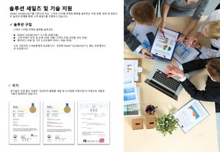 솔루션 세일즈 및 기술 지원
SMART SHOWCASE™를 기반으로 하는 스마트 디지털 마케팅 플랫폼 솔루션은 직접 판매, 임대 및 컴포넌
트 솔루션 판매를 통해 고객 세일즈를 진행하고 있습니다.
✓ 솔루션 구입
스마트 디지털 마케팅 플랫폼 솔루션은
⚫ SMART SHOWCASE™ 시스템 (비용지불),
⚫ 고객 컨텐츠 관리 및 운영 (비용 지불/ 고객이 직접 관리할 경우 무료)
⚫ 클라우드 비용 및 기타 소프트웨어 서비스 비용 (무료)
으로 구분되어 고개분들에게 공급합니다. 주문형 SMART SHOWCASE™는 별도 주문계약으
로 공급합니다.
✓ 특허
본기술은 산업 통산 자원부 “감성터치 플랫폼 개발 및 신사업화 지원사업”의 지원으로 개발된
기술이 탑재되어 있습니다.
 