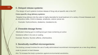 C. Delayed release systems:
-The design of such systems involves release of drug only at specific site in the GIT.
Colon-specific drug delivery systems:
-Targeted drug delivery into the colon is highly desirable for local treatment of a variety of bowel diseases such
as ulcerative colitis, Crohn’s disease, amebiosis, colonic cancer etc.
- Example: Hydrocortisone, olsalazine, mesalazine etc.
2. Chewable dosage forms:
-Medicated chewing gum is nothing but gum base containing an active
Substance either in its core or coating.
Example: Nicotine, fluoride caffeine, chlorhexidine.
3. Genetically modified microorganisms:
The biodrug concept involves the use of orally administered recombinant microorganism as a new drug delivery
route to prevent or treat disease.
Aim: To increase the body’s protection against environmental xenobiotics.
13
 