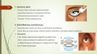 1. Aqueous gels:
• Consist of high molecular weight,hydrophilic,
cross-linked polymers or copolymers that form
a three-dimensional network in water.
• Example: Timolol, pilocarpine etc.
2. Solid Matrices and Devices:
• Solid polymetric inserts and discs, as ophthalmic drug delivery.
• Inserts allow accurate dosing, reduced systemic absorption, and better patient compliance.
 Ocuserts:
• A flat, flexible, elliptical device designedto be placed in the
inferior cul-de-sac between the scleraand the eyelid and
to releasePilocarpine continuouslyat a steady rate for 7days.
• Use: for delivering pilocarpine.
15
 
