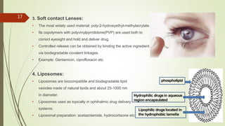 3. Soft contact Lenses:
• The most widely used material: poly-2-hydrosyethyl-methylacrylate.
• Its copolymers with polyvinylpyrrolidone(PVP) are used both to
correct eyesight and hold and deliver drug.
• Controlled release can be obtained by binding the active ingredient
via biodegradable covalent linkages.
• Example: Gentamicin, ciprofloxacin etc.
4. Liposomes:
• Liposomes are biocompatible and biodegradable lipid
vesicles made of natural lipids and about 25-1000 nm
in diameter.
• Liposomes used as topically in ophthalmic drug delivery
systems.
• Liposomal preparation: acetazolamide, hydrocortisone etc.
17
Hydrophilic drugs in aqueous
region encapsulated
phospholipid
Lipophilic drugs located in
the hydrophobic lamella
 
