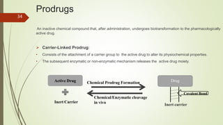 Prodrugs
An inactive chemical compound that, after administration, undergoes biotransformation to the pharmacologically
active drug.
 Carrier-Linked Prodrug:
• Consists of the attachment of a carrier group to the active drug to alter its physiochemical properties.
• The subsequent enzymatic or non-enzymatic mechanism releases the active drug moiety.
34
Active Drug
Inert Carrier
Chemical Prodrug Formation
Chemical/Enzymatic cleavage
in vivo
Drug
Covalent Bond
Inert carrier
 