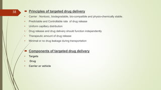  Principles of targeted drug delivery
• Carrier : Nontoxic, biodegradable, bio-compatible and physio-chemically stable.
• Predictable and Controllable rate of drug release
• Uniform capillary distribution
• Drug release and drug delivery should function independently
• Therapeutic amount of drug release
• Minimal or no drug leakage during transportation
 Components of targeted drug delivery
• Targets
• Drug
• Carrier or vehicle
38
 