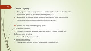 2. Active Targeting:
• Carrying drug reaches to specific site on the basis of particular modification rather
than natural uptake by reticuloendothelial system(RES).
• Modification techniques include: coating of surface with either a bioadhesive,
nonionic surfactant or tissue antibodies or albumin protein.
 Divided into three different targeting levels:
A. First order targeting:
• Example: lymphatics, peritoneal cavity, plural cavity, cerebral ventricle etc.
B. Second-order targeting:
• Tumor cells or Kupffer cells in liver.
C. Third order targeting:
• Endocytosis or through receptor based ligand mediated entry.
40
 