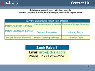 Contact Us This is only a sample report with brief analysis   Dolcera can provide a comprehensive report customized to your needs Buy the customized report from Dolcera Patent Analytics Services   Market Research Services   Purchase Patent Dashboard   Patent Landscape Services   Dolcera Processes   Industry Focus   Patent Search Services   Patent Alerting Services   Dolcera Tools Samir Raiyani  Email :  [email_address] Phone : +1-650-269-7952  