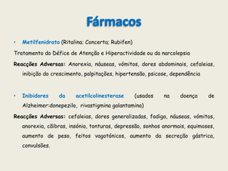 FármacosMetilfenidrato (Ritalina; Concerta; Rubifen)Tratamento do Défice de Atenção e Hiperactividade ou da narcolepsiaReacções Adversas: Anorexia, náuseas, vómitos, dores abdominais, cefaleias, inibição do crescimento, palpitações, hipertensão, psicose, dependência Inibidores da acetilcolinesterase (usados na doença de Alzheimer:donepezilo,  rivastigminagalantamina) Reacções Adversas: cefaleias, dores generalizadas, fadiga, náuseas, vómitos, anorexia, cãibras, insónia, tonturas, depressão, sonhos anormais, equimoses, aumento de peso, feitos vagotónicos, aumento da secreção gástrica, convulsões.