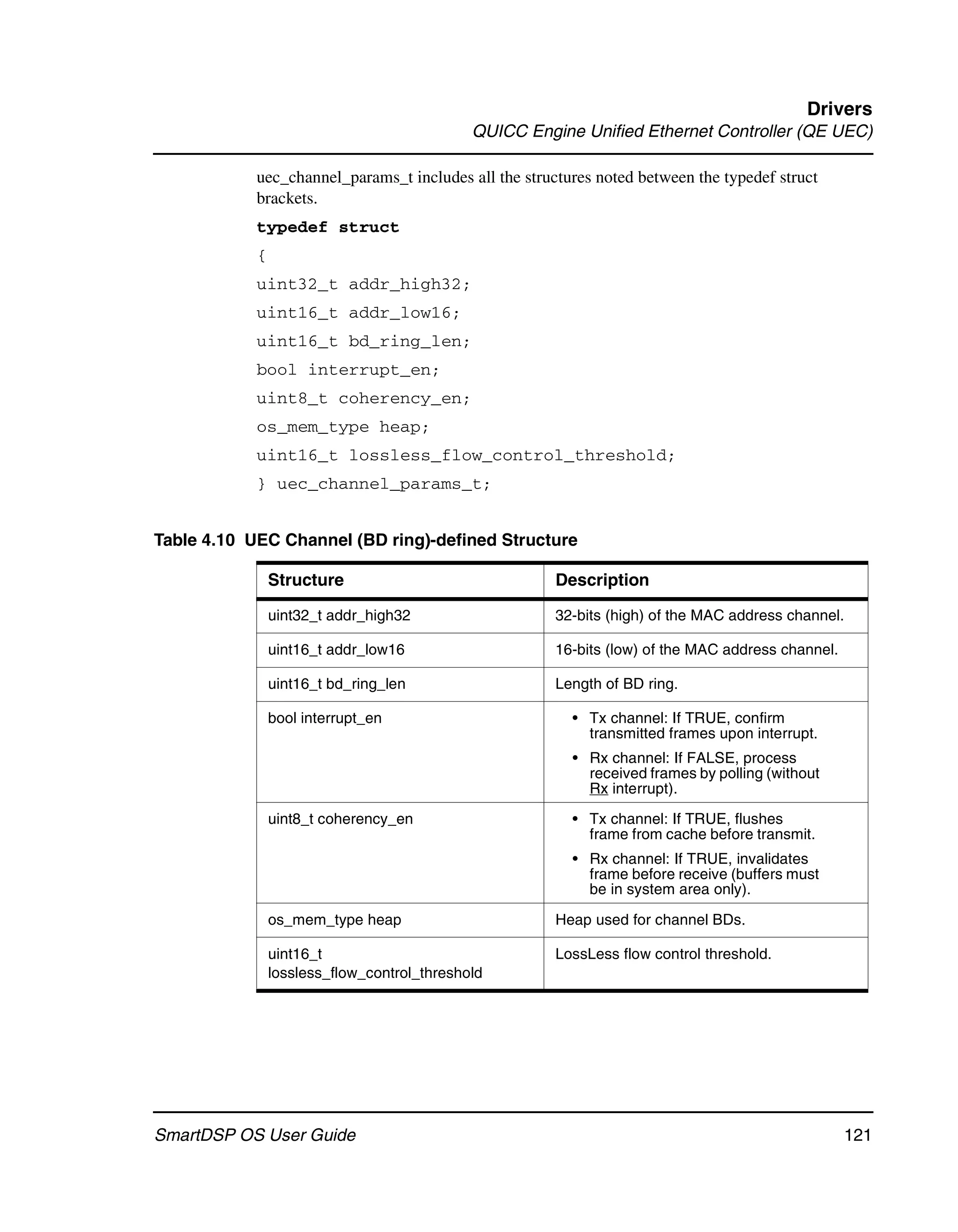 Drivers
                                             QUICC Engine Unified Ethernet Controller (QE UEC)

            uec_channel_params_t includes all the structures noted between the typedef struct
            brackets.
            typedef struct
            {
            uint32_t addr_high32;
            uint16_t addr_low16;
            uint16_t bd_ring_len;
            bool interrupt_en;
            uint8_t coherency_en;
            os_mem_type heap;
            uint16_t lossless_flow_control_threshold;
            } uec_channel_params_t;


Table 4.10 UEC Channel (BD ring)-defined Structure

                Structure                              Description

                uint32_t addr_high32                   32-bits (high) of the MAC address channel.

                uint16_t addr_low16                    16-bits (low) of the MAC address channel.

                uint16_t bd_ring_len                   Length of BD ring.

                bool interrupt_en                        • Tx channel: If TRUE, confirm
                                                           transmitted frames upon interrupt.
                                                         • Rx channel: If FALSE, process
                                                           received frames by polling (without
                                                           Rx interrupt).

                uint8_t coherency_en                     • Tx channel: If TRUE, flushes
                                                           frame from cache before transmit.
                                                         • Rx channel: If TRUE, invalidates
                                                           frame before receive (buffers must
                                                           be in system area only).

                os_mem_type heap                       Heap used for channel BDs.

                uint16_t                               LossLess flow control threshold.
                lossless_flow_control_threshold




SmartDSP OS User Guide                                                                             121
 