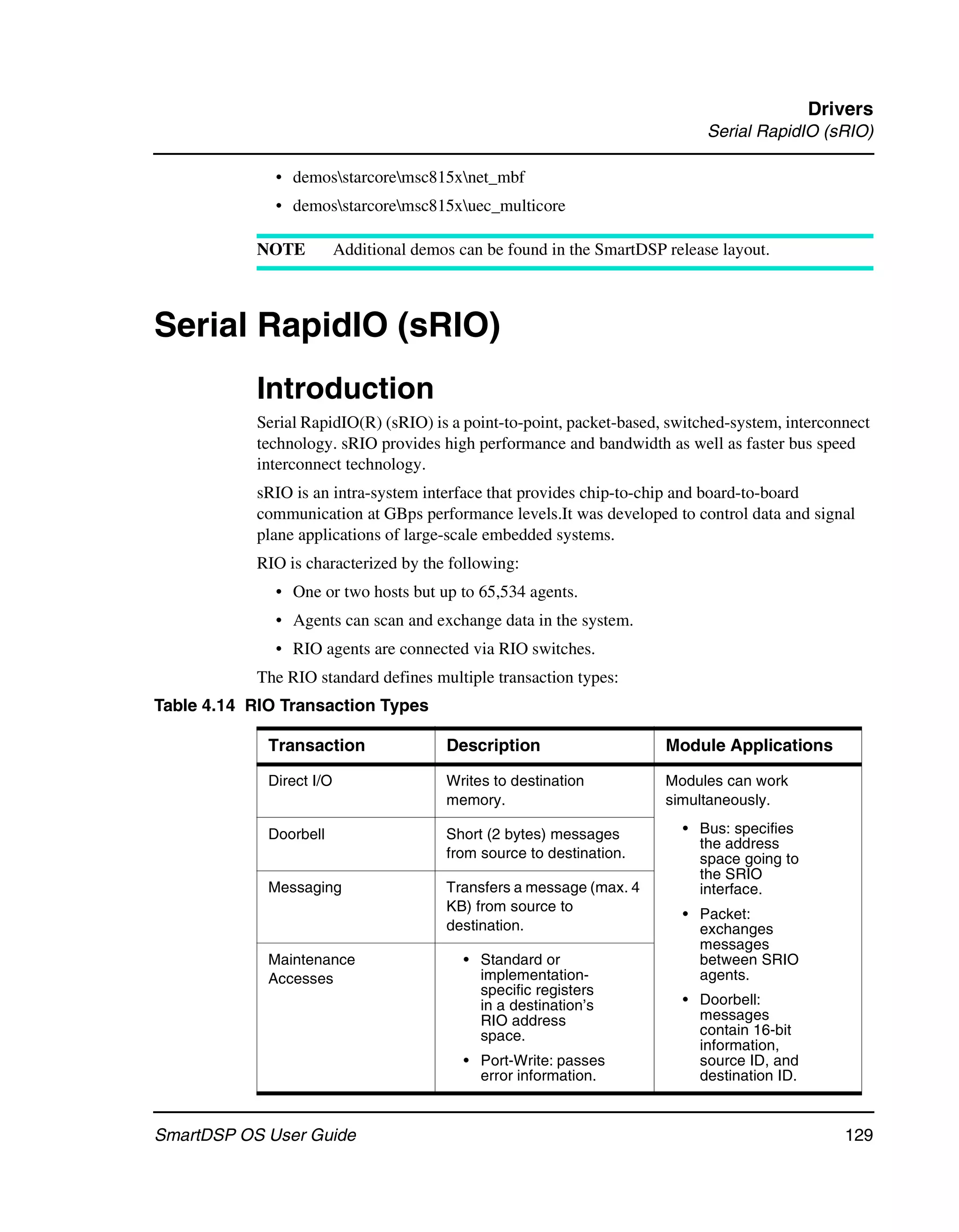 Drivers
                                                                              Serial RapidIO (sRIO)

              • demosstarcoremsc815xnet_mbf
              • demosstarcoremsc815xuec_multicore

           NOTE           Additional demos can be found in the SmartDSP release layout.



Serial RapidIO (sRIO)
           Introduction
           Serial RapidIO(R) (sRIO) is a point-to-point, packet-based, switched-system, interconnect
           technology. sRIO provides high performance and bandwidth as well as faster bus speed
           interconnect technology.
           sRIO is an intra-system interface that provides chip-to-chip and board-to-board
           communication at GBps performance levels.It was developed to control data and signal
           plane applications of large-scale embedded systems.
           RIO is characterized by the following:
              • One or two hosts but up to 65,534 agents.
              • Agents can scan and exchange data in the system.
              • RIO agents are connected via RIO switches.
           The RIO standard defines multiple transaction types:
Table 4.14 RIO Transaction Types

             Transaction                 Description                    Module Applications

             Direct I/O                  Writes to destination          Modules can work
                                         memory.                        simultaneously.

             Doorbell                    Short (2 bytes) messages         • Bus: specifies
                                                                            the address
                                         from source to destination.        space going to
                                                                            the SRIO
             Messaging                   Transfers a message (max. 4        interface.
                                         KB) from source to
                                                                          • Packet:
                                         destination.                       exchanges
                                                                            messages
             Maintenance                    • Standard or                   between SRIO
             Accesses                         implementation-               agents.
                                              specific registers
                                              in a destination’s          • Doorbell:
                                              RIO address                   messages
                                              space.                        contain 16-bit
                                                                            information,
                                            • Port-Write: passes            source ID, and
                                              error information.            destination ID.


SmartDSP OS User Guide                                                                           129
 