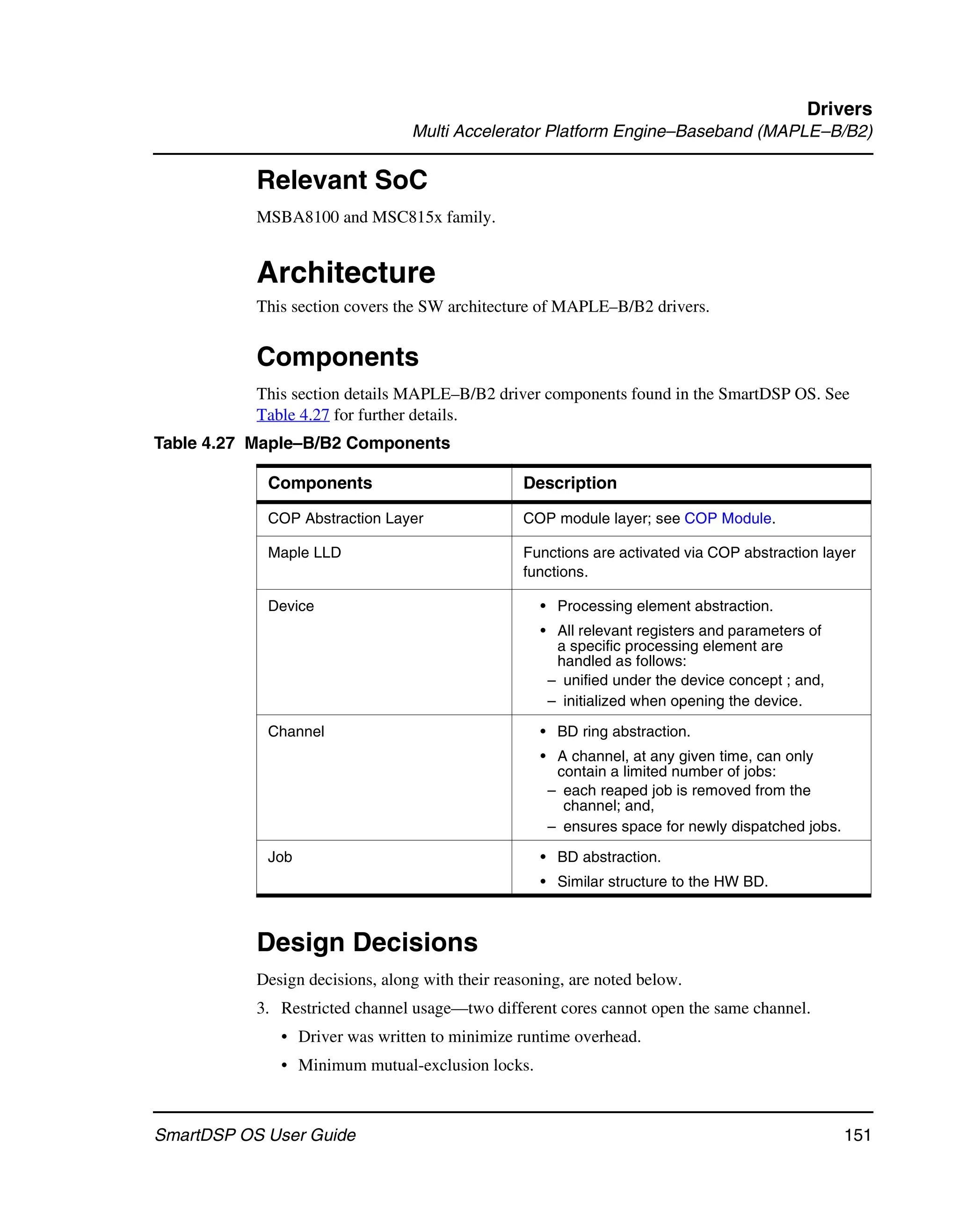 Drivers
                                 Multi Accelerator Platform Engine–Baseband (MAPLE–B/B2)

           Relevant SoC
           MSBA8100 and MSC815x family.


           Architecture
           This section covers the SW architecture of MAPLE–B/B2 drivers.


           Components
           This section details MAPLE–B/B2 driver components found in the SmartDSP OS. See
           Table 4.27 for further details.
Table 4.27 Maple–B/B2 Components

            Components                           Description

            COP Abstraction Layer                COP module layer; see COP Module.

            Maple LLD                            Functions are activated via COP abstraction layer
                                                 functions.

            Device                                  • Processing element abstraction.
                                                    • All relevant registers and parameters of
                                                      a specific processing element are
                                                      handled as follows:
                                                     – unified under the device concept ; and,
                                                     – initialized when opening the device.

            Channel                                 • BD ring abstraction.
                                                    • A channel, at any given time, can only
                                                      contain a limited number of jobs:
                                                     – each reaped job is removed from the
                                                       channel; and,
                                                     – ensures space for newly dispatched jobs.

            Job                                     • BD abstraction.
                                                    • Similar structure to the HW BD.



           Design Decisions
           Design decisions, along with their reasoning, are noted below.
           3. Restricted channel usage—two different cores cannot open the same channel.
              • Driver was written to minimize runtime overhead.
              • Minimum mutual-exclusion locks.



SmartDSP OS User Guide                                                                            151
 