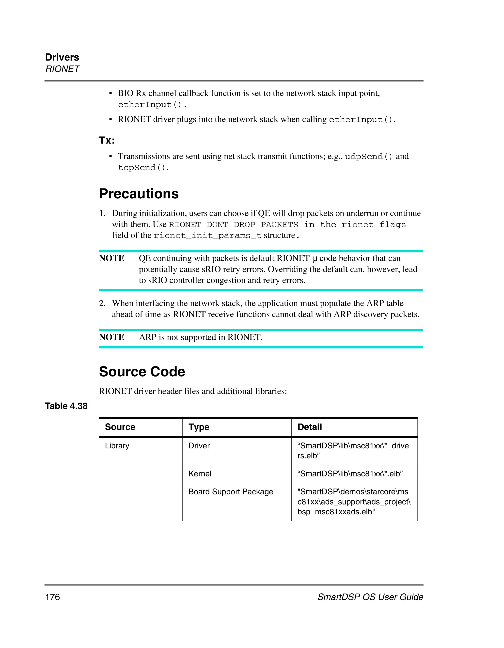 Drivers
RIONET

               • BIO Rx channel callback function is set to the network stack input point,
                 etherInput().
               • RIONET driver plugs into the network stack when calling etherInput().

             Tx:
               • Transmissions are sent using net stack transmit functions; e.g., udpSend() and
                 tcpSend().


             Precautions
             1. During initialization, users can choose if QE will drop packets on underrun or continue
                with them. Use RIONET_DONT_DROP_PACKETS in the rionet_flags
                field of the rionet_init_params_t structure.

             NOTE       QE continuing with packets is default RIONET μ code behavior that can
                        potentially cause sRIO retry errors. Overriding the default can, however, lead
                        to sRIO controller congestion and retry errors.

             2. When interfacing the network stack, the application must populate the ARP table
                ahead of time as RIONET receive functions cannot deal with ARP discovery packets.

             NOTE       ARP is not supported in RIONET.



             Source Code
             RIONET driver header files and additional libraries:
Table 4.38

              Source                  Type                          Detail

              Library                 Driver                        “SmartDSPlibmsc81xx*_drive
                                                                    rs.elb”

                                      Kernel                        “SmartDSPlibmsc81xx*.elb”

                                      Board Support Package         "SmartDSPdemosstarcorems
                                                                    c81xxads_supportads_project
                                                                    bsp_msc81xxads.elb"




176                                                                      SmartDSP OS User Guide
 