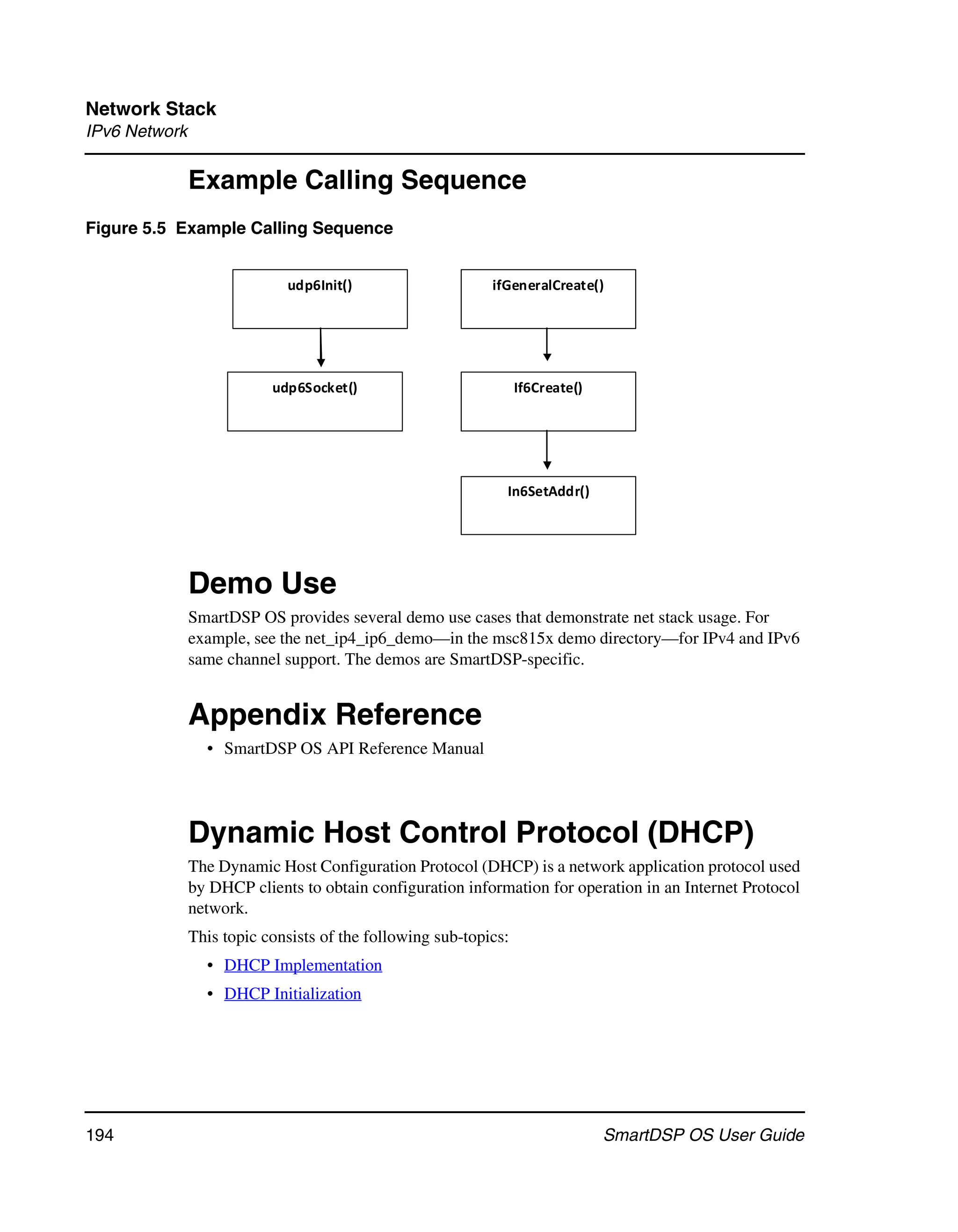 Network Stack
IPv6 Network

               Example Calling Sequence
Figure 5.5 Example Calling Sequence


                             udp6Init()                     ifGeneralCreate()




                           udp6Socket()                           If6Create()




                                                              In6SetAddr()




               Demo Use
               SmartDSP OS provides several demo use cases that demonstrate net stack usage. For
               example, see the net_ip4_ip6_demo—in the msc815x demo directory—for IPv4 and IPv6
               same channel support. The demos are SmartDSP-specific.


               Appendix Reference
                 • SmartDSP OS API Reference Manual




               Dynamic Host Control Protocol (DHCP)
               The Dynamic Host Configuration Protocol (DHCP) is a network application protocol used
               by DHCP clients to obtain configuration information for operation in an Internet Protocol
               network.
               This topic consists of the following sub-topics:
                 • DHCP Implementation
                 • DHCP Initialization




194                                                                             SmartDSP OS User Guide
 