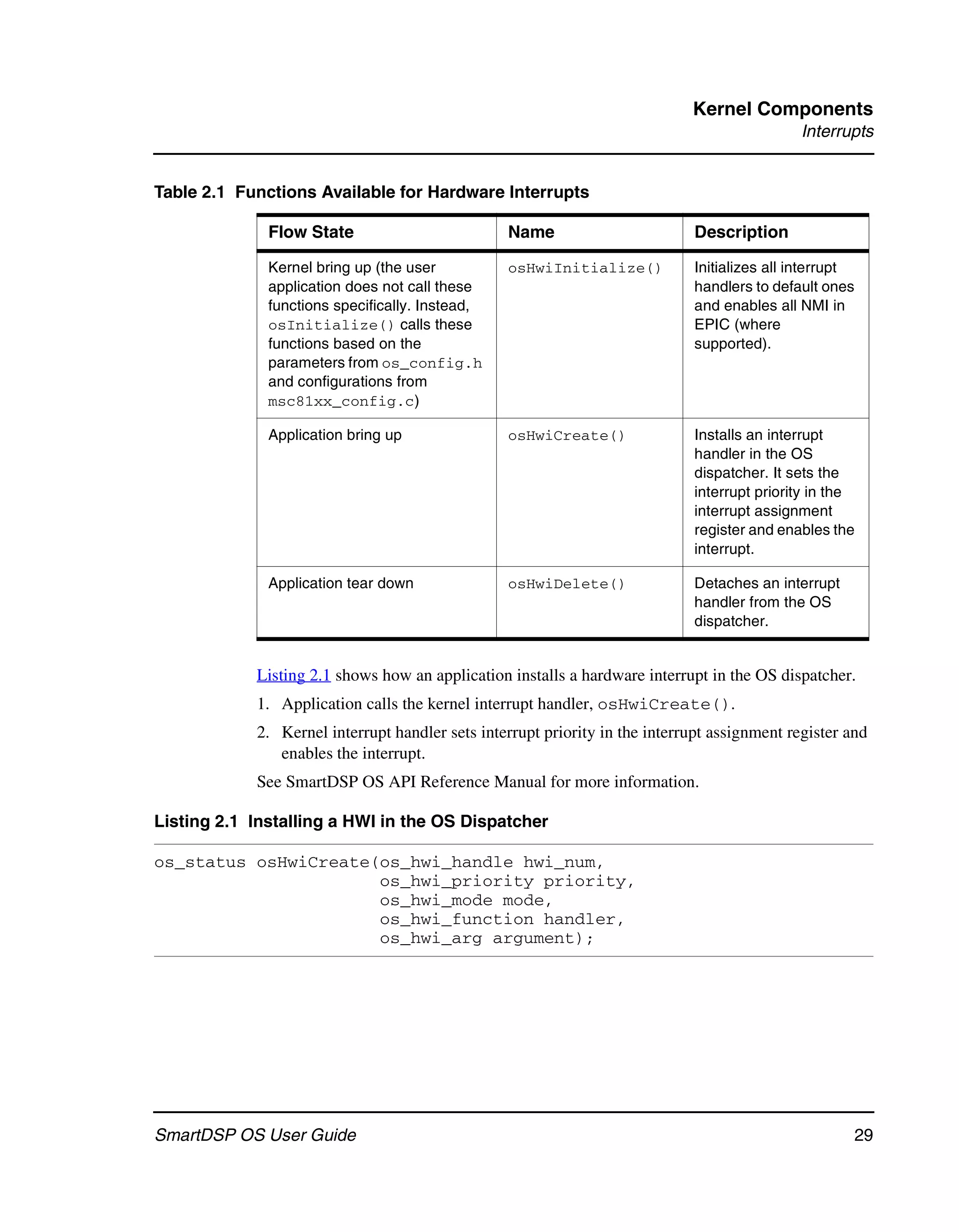 Kernel Components
                                                                                              Interrupts


Table 2.1 Functions Available for Hardware Interrupts

              Flow State                         Name                        Description

              Kernel bring up (the user          osHwiInitialize()           Initializes all interrupt
              application does not call these                                handlers to default ones
              functions specifically. Instead,                               and enables all NMI in
              osInitialize() calls these                                     EPIC (where
              functions based on the                                         supported).
              parameters from os_config.h
              and configurations from
              msc81xx_config.c)

              Application bring up               osHwiCreate()               Installs an interrupt
                                                                             handler in the OS
                                                                             dispatcher. It sets the
                                                                             interrupt priority in the
                                                                             interrupt assignment
                                                                             register and enables the
                                                                             interrupt.

              Application tear down              osHwiDelete()               Detaches an interrupt
                                                                             handler from the OS
                                                                             dispatcher.


            Listing 2.1 shows how an application installs a hardware interrupt in the OS dispatcher.
            1. Application calls the kernel interrupt handler, osHwiCreate().
            2. Kernel interrupt handler sets interrupt priority in the interrupt assignment register and
               enables the interrupt.
            See SmartDSP OS API Reference Manual for more information.

Listing 2.1 Installing a HWI in the OS Dispatcher

os_status osHwiCreate(os_hwi_handle hwi_num,
                      os_hwi_priority priority,
                      os_hwi_mode mode,
                      os_hwi_function handler,
                      os_hwi_arg argument);




SmartDSP OS User Guide                                                                                   29
 