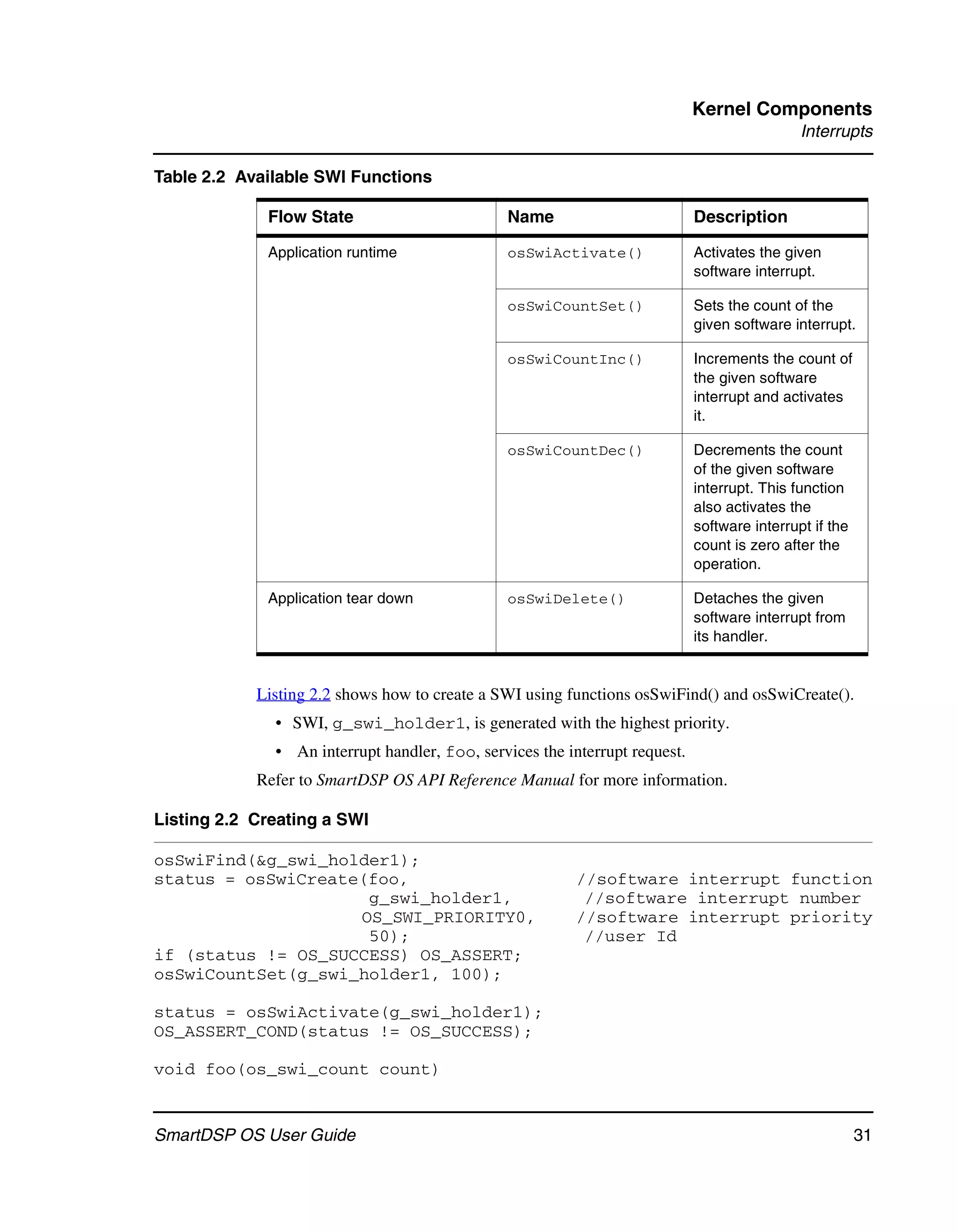 Kernel Components
                                                                                              Interrupts

Table 2.2 Available SWI Functions

             Flow State                        Name                          Description

             Application runtime               osSwiActivate()               Activates the given
                                                                             software interrupt.

                                               osSwiCountSet()               Sets the count of the
                                                                             given software interrupt.

                                               osSwiCountInc()               Increments the count of
                                                                             the given software
                                                                             interrupt and activates
                                                                             it.

                                               osSwiCountDec()               Decrements the count
                                                                             of the given software
                                                                             interrupt. This function
                                                                             also activates the
                                                                             software interrupt if the
                                                                             count is zero after the
                                                                             operation.

             Application tear down             osSwiDelete()                 Detaches the given
                                                                             software interrupt from
                                                                             its handler.


            Listing 2.2 shows how to create a SWI using functions osSwiFind() and osSwiCreate().
              • SWI, g_swi_holder1, is generated with the highest priority.
              • An interrupt handler, foo, services the interrupt request.
            Refer to SmartDSP OS API Reference Manual for more information.

Listing 2.2 Creating a SWI

osSwiFind(&g_swi_holder1);
status = osSwiCreate(foo,                                //software interrupt function
                     g_swi_holder1,                       //software interrupt number
                    OS_SWI_PRIORITY0,                    //software interrupt priority
                     50);                                 //user Id
if (status != OS_SUCCESS) OS_ASSERT;
osSwiCountSet(g_swi_holder1, 100);

status = osSwiActivate(g_swi_holder1);
OS_ASSERT_COND(status != OS_SUCCESS);

void foo(os_swi_count count)


SmartDSP OS User Guide                                                                                   31
 