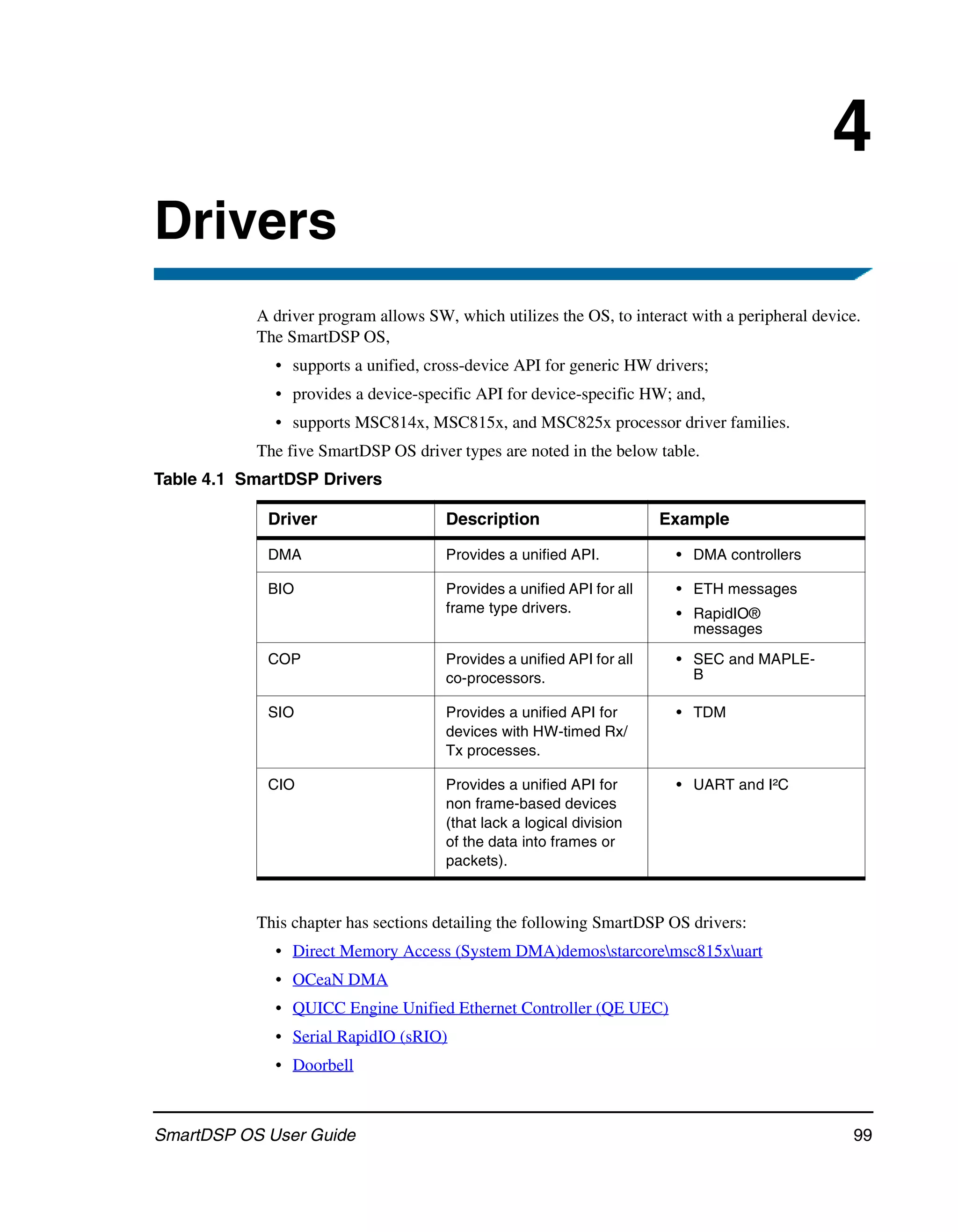 4
Drivers
           A driver program allows SW, which utilizes the OS, to interact with a peripheral device.
           The SmartDSP OS,
             • supports a unified, cross-device API for generic HW drivers;
             • provides a device-specific API for device-specific HW; and,
             • supports MSC814x, MSC815x, and MSC825x processor driver families.
           The five SmartDSP OS driver types are noted in the below table.
Table 4.1 SmartDSP Drivers

            Driver                    Description                      Example

            DMA                       Provides a unified API.           • DMA controllers

            BIO                       Provides a unified API for all    • ETH messages
                                      frame type drivers.               • RapidIO®
                                                                          messages

            COP                       Provides a unified API for all    • SEC and MAPLE-
                                      co-processors.                      B

            SIO                       Provides a unified API for        • TDM
                                      devices with HW-timed Rx/
                                      Tx processes.

            CIO                       Provides a unified API for        • UART and I²C
                                      non frame-based devices
                                      (that lack a logical division
                                      of the data into frames or
                                      packets).



           This chapter has sections detailing the following SmartDSP OS drivers:
             • Direct Memory Access (System DMA)demosstarcoremsc815xuart
             • OCeaN DMA
             • QUICC Engine Unified Ethernet Controller (QE UEC)
             • Serial RapidIO (sRIO)
             • Doorbell



SmartDSP OS User Guide                                                                           99
 