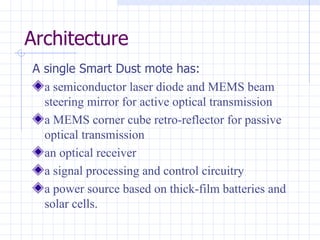 Architecture A single Smart Dust mote has: a semiconductor laser diode and MEMS beam steering mirror for active optical transmission a MEMS corner cube retro-reflector for passive optical transmission an optical receiver a signal processing and control circuitry a power source based on thick-film batteries and solar cells. 