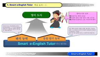 1. Smart e-English Tutor 학습 효과 - 1
Smart e-English Tutor(다니 영문법)
모든 영어 문장은 5형식 중에, 하나라는 사실과
또한 그 문장들이 5가지 문장의 단위들에 의하여
구성된다는 사실은,
문장 암기를 놀라울 정도로 쉽게 만들어줍니다.
아무리 길고 복잡하게 보이는
문장이더라도, 그 구조가 완전히
파악되기 때문에 정확히 해석할
수 있게 됩니다.
영어 도사 내신/수능 영어 1등급
토플과 같은 각종 공인 시험 고득점
대학원서/원어민 소설 자유자재 해석
영어도사의 정의
 