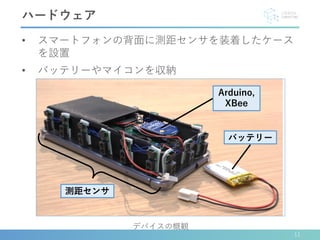 • スマートフォンの背面に測距センサを装着したケース
を設置
• バッテリーやマイコンを収納
11
ハードウェア
デバイスの概観
Arduino,
XBee
測距センサ
バッテリー
 