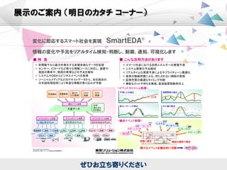 Copyright 2011 Toshiba Solutions Corporation 27
展示のご案内 （明日のカタチ コーナー）
情報の変化や予兆をリアルタイム検知・判断し、制御、通知、可視化します
変化に即応するスマート社会を実現 ＳｍａｒｔＥＤＡ
 秒間数千から数万件発生する多種多様なデータを処理
 センサー、ICカードなど様々な情報ソースに対応し、装置や
施設の異常や、物流の停滞などの予兆を検知
 システムやDBからビジネスイベントを取得
 ソーシャルメディアなどのテキストデータから、当社独自の
日本語処理技術により有益な情報の取り込みが可能
■ 特 長 ■ こんな活用方法があります
EDA: Event Driven Architecture
SmartEDAは、東芝ソリューション株式会社の登録商標です。
 スマート社会における自然エネルギーの発電予測
 システム障害の予兆検知
 リアルタイムな需要予測によるサプライチェーン最適化
 患者の動線把握による、待たされない病院の実現
 証券売買の最適なタイミング判断
 無駄なロットや待ちを撲滅。製造装置稼働率向上
®
近似線
予測による検出
変化パターンの検出
相関関係の検出
外れ値の検出
<イベントストリーム処理>
故障
発送
棚卸
売上
入荷
修理
受注
在庫切れ
同時に発生 特定の順序で発生
センサ
スマートメータ
システム
インターネット
データベース
RFID
スマートフォン
<複合イベント処理>
様々なイベントを複合的に判断 アクション
センサイベント ビジネスイベント ソーシャルイベント
複合イベント処理
イベントストリーム処理 イベントストリーム処理 イベントストリーム処理
製造装置 売上 ニュース
プラント
施設
物流
入退室
POS
在庫 品質
営業 口コミ
株価
Twitter
交通
DB DB DB
テキ
スト
センサ
センサ
センサ
RFID
RFID
•分析
•見える化
•KPI算出
予兆検知 自動制御
省エネ
CO2削減
リスク
回避
コスト
削減
大量データ
ぜひお立ち寄りください
 