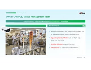 16
Business Case
> One-face Ecosystem | People Counting Application | Kitchen Regulation | Digital Signage
• With Anti-oil Camera and AI algorithm, process can
be regulated and the quality can be assured.
• Regulates proper uniforms such as chef's cap,
chef's suit and mask.
• Smoking detection to avoid fire risks.
• Rat detection to avoid food contamination.
Solution Value
Smart Education Solution Dahua Technology Co., Ltd.
 