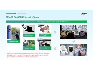 18
Business Case
> Event Management | Vehicle Management | Remote Patrol | AR and VR Application
• Integrates AI sensor, emergency phone, platform, and security system to
set up an entire emergency management system, allowing the security
personnel to respond in time and reduce safety risks.
Emergency Phone
Violent Behavior
Alert
Blocklist Alert
Intruder Alert
Smart Education Solution Dahua Technology Co., Ltd.
Overcrowding Alert
 