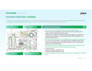 30
Business Case
Public Area
Classroom Building
Entrance
Parking Lot
“L SCHOOL, a new school (K9) with 9500 square meters in UAE was build by MOID. UAE MOE plan to create a demonstration school with intelligent solutions that will leverage
AI technology to improve safety and digital teaching. The success of the school will roll out similar solutions to other schools in the UAE.”
 Entrance and exit management to eliminate external risks
• Personnel access management to reduce the risk posed by outsiders and to
achieve student teacher attendance at school.
• Vehicle access management, through license plate recognition to achieve fast
passage during the pick-up and drop-off peak period, while reducing the risk
posed by foreign vehicles.
 Standardize child pick-up and strengthen pick-up safety management
• The pick-up of young children is managed through an intelligent system where
parents are identified before picking up their children to ensure that they are
picked up by authorized parents.
 Intelligent perception of dangerous events and timely notification of
security personnel to enhance campus security level
• Campus intrusion
• Potential for violence, fights/falls, etc.
• Strange and suspicious people on campus
 Visual management system that makes campus management easy and
fast
Customer Requirements
Smart Education Solution Dahua Technology Co., Ltd.
 