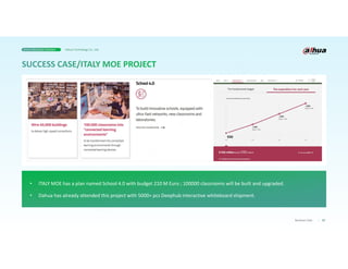 37
Business Case
• ITALY MOE has a plan named School 4.0 with budget 210 M Euro ; 100000 classrooms will be built and upgraded.
• Dahua has already attended this project with 5000+ pcs Deephub interactive whiteboard shipment.
Smart Education Solution Dahua Technology Co., Ltd.
 