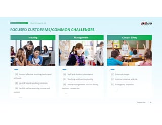 07
Business Case
（1）Limited effective teaching device and
software
（2）Lack of hybrid teaching solutions
（3）Lack of on-line teaching course and
content
……
（1） Staff and student attendance
（2) Teaching and learning quality
（3） Venue management such as library,
stadium, canteen etc.
……
（1）External danger
（2）Internal violence and risk
（3）Emergency response
……
Teaching Management Campus Safety
Smart Education Solution Dahua Technology Co., Ltd.
 