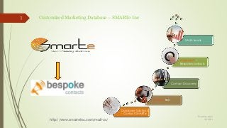 Customized Marketing Database – SMARTe Inc
Database Solutions
- Contact SMARTe
Business ROI
Contact Discovery
Implement –
Bespoke contacts
SALEs Leads
Thursday, April
30, 2015
http://www.smarteinc.com/mail-us/
1
 