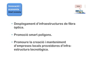 Innovació i
economia
Smart economy
• Desplegament d’infraestructures de fibra
òptica.
• Promoció smart polígons.
• Promoure la creació i manteniment
d’empreses locals proveïdores d’infra-
estructura tecnològica.
 