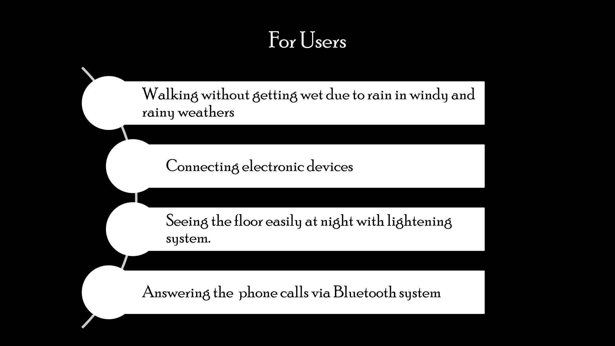 For Users
Walking without getting wet due to rain in windy and
rainy weathers
Connecting electronic devices
Seeing the floor easily at night with lightening
system.
Answering the phone calls via Bluetooth system
 
