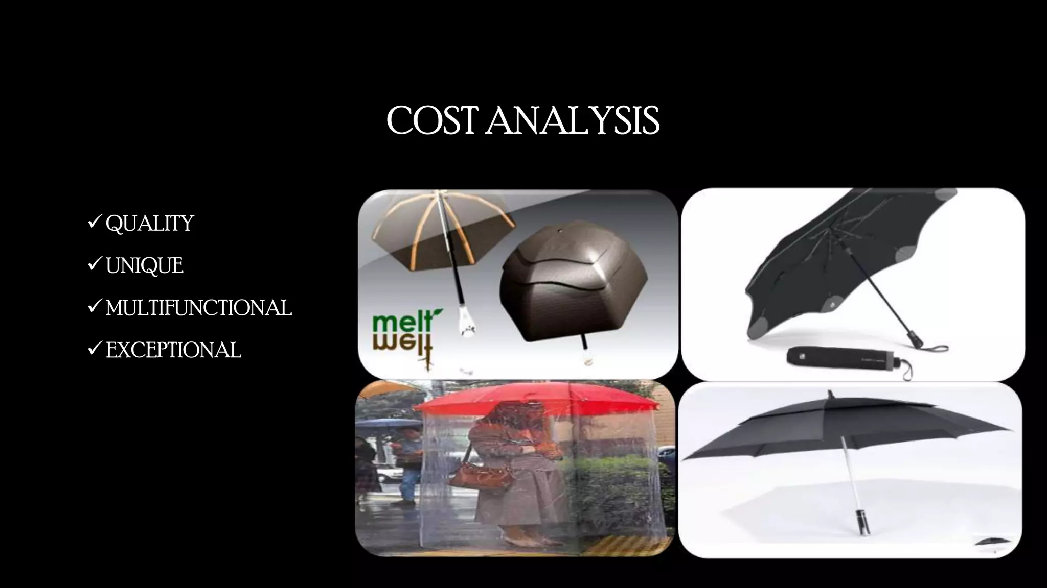 COST ANALYSIS
QUALITY
UNIQUE
MULTIFUNCTIONAL
EXCEPTIONAL
 