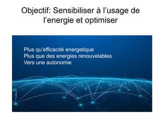 Objectif: Sensibiliser à l’usage de
l’energie et optimiser
Plus qu’efficacité energetique
Plus que des energies renouvelables
Vers une autonomie
 
