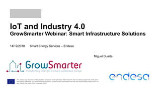 IoT and Industry 4.0
GrowSmarter Webinar: Smart Infrastructure Solutions
Smart Energy Services – Endesa14/12/2018
Miguel Duarte
This project has received funding from the European Union’s Horizon 2020 research and innovation programme under grant
agreement no 646456. The sole responsibility for the content of this presentation lies with the GrowSmarter project and in no
way reflects the views of the European Union.
 