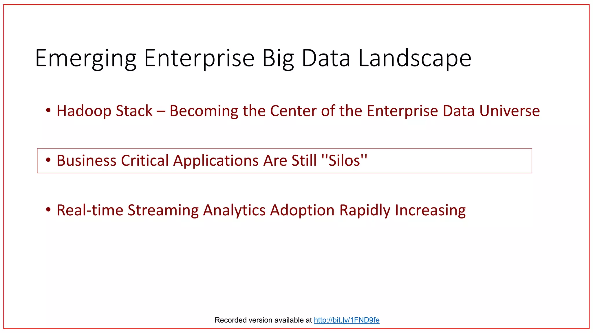 Emerging Enterprise Big Data Landscape
• Hadoop Stack – Becoming the Center of the Enterprise Data Universe
• Business Critical Applications Are Still ''Silos''
• Real-time Streaming Analytics Adoption Rapidly Increasing
Recorded version available at http://bit.ly/1FND9fe
 