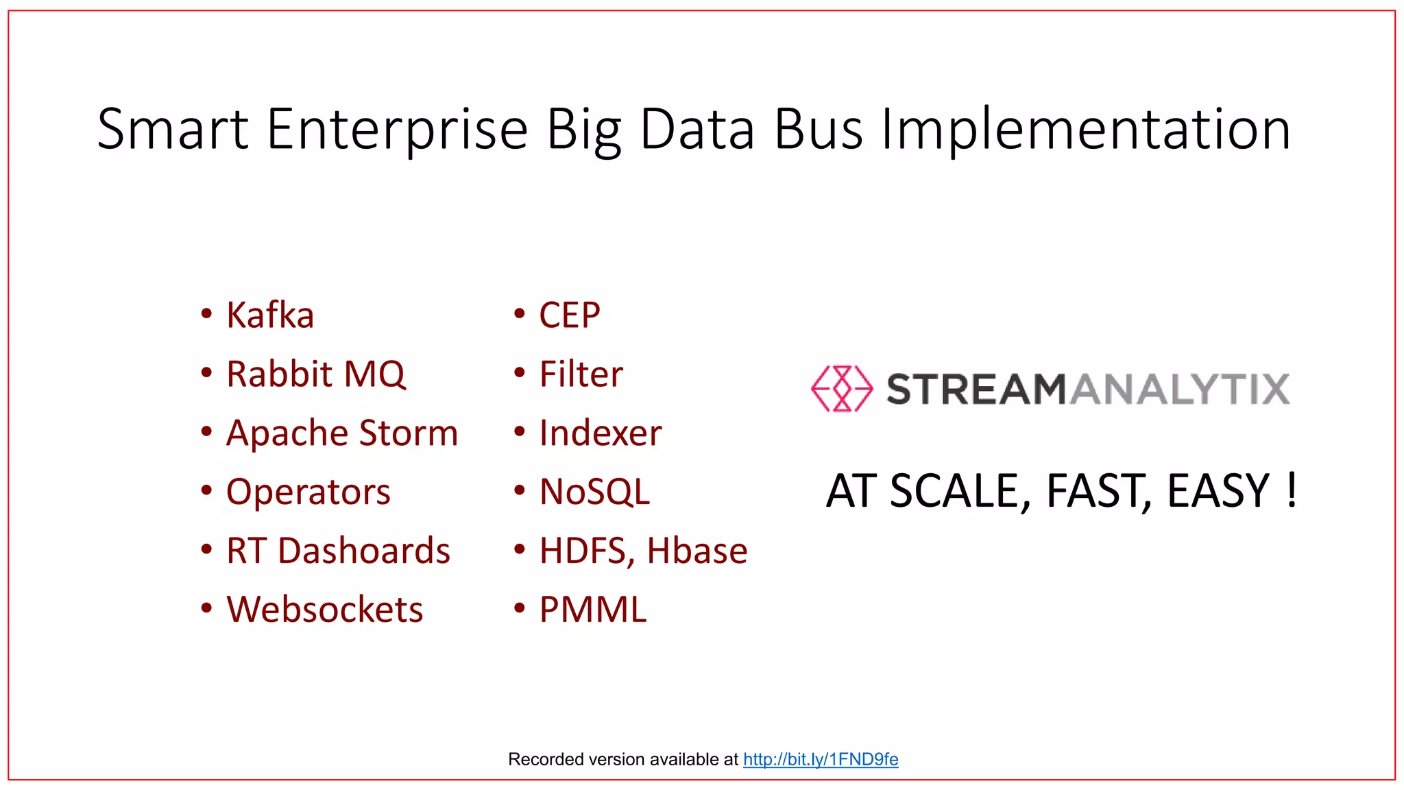 Smart Enterprise Big Data Bus Implementation
• Kafka
• Rabbit MQ
• Apache Storm
• Operators
• RT Dashoards
• Websockets
• CEP
• Filter
• Indexer
• NoSQL
• HDFS, Hbase
• PMML
AT SCALE, FAST, EASY !
Recorded version available at http://bit.ly/1FND9fe
 