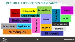 UN CLUB AU SERVICE DES DIRIGEANTS 
Réseau 
Opportunités 
Ecosystème 
Image 
Développer 
Productivité 
Compétitivité 
Stratégiques 
Innovations 
Expériences 
Experts 
Enjeux 
Business 
Evénements 
Outils 
Dirigeants 
Numériques 
4  