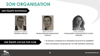 SON ORGANISATION 
UNE ÉQUIPE NATIONALE 
UNE ÉQUIPE LOCALE PAR CLUB 
 Un Bureau composé d’un animateur local et d’un président 
 Une commission composée de 15 à 20 membres maximum 
Lydia JOUVAL 
Responsable communication & events 
nationale 
Alban GUYOT 
Responsable développement 
national 
Guillaume ANELLI 
Président national 
5  