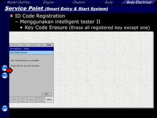 Model Outline Engine Chassis Body
66
Body Electrical
Service Point (Smart Entry & Start System)
ID Code Registration
– Menggunakan intelligent tester II
• Key Code Erasure (Erase all registered key except one)
 