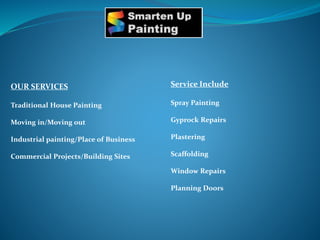 OUR SERVICES
Traditional House Painting
Moving in/Moving out
Industrial painting/Place of Business
Commercial Projects/Building Sites
Service Include
Spray Painting
Gyprock Repairs
Plastering
Scaffolding
Window Repairs
Planning Doors
 