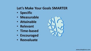 Let’s Make Your Goals SMARTER
• Specific
• Measurable
• Attainable
• Relevant
• Time-based
• Encouraged
• Reevaluate
www.alexpkunz.com
 
