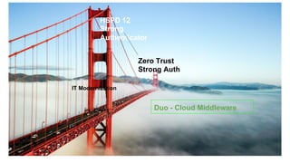 HSPD 12
Strong
Authenticator
Zero Trust
Strong Auth
IT Modernization
Duo - Cloud Middleware
 