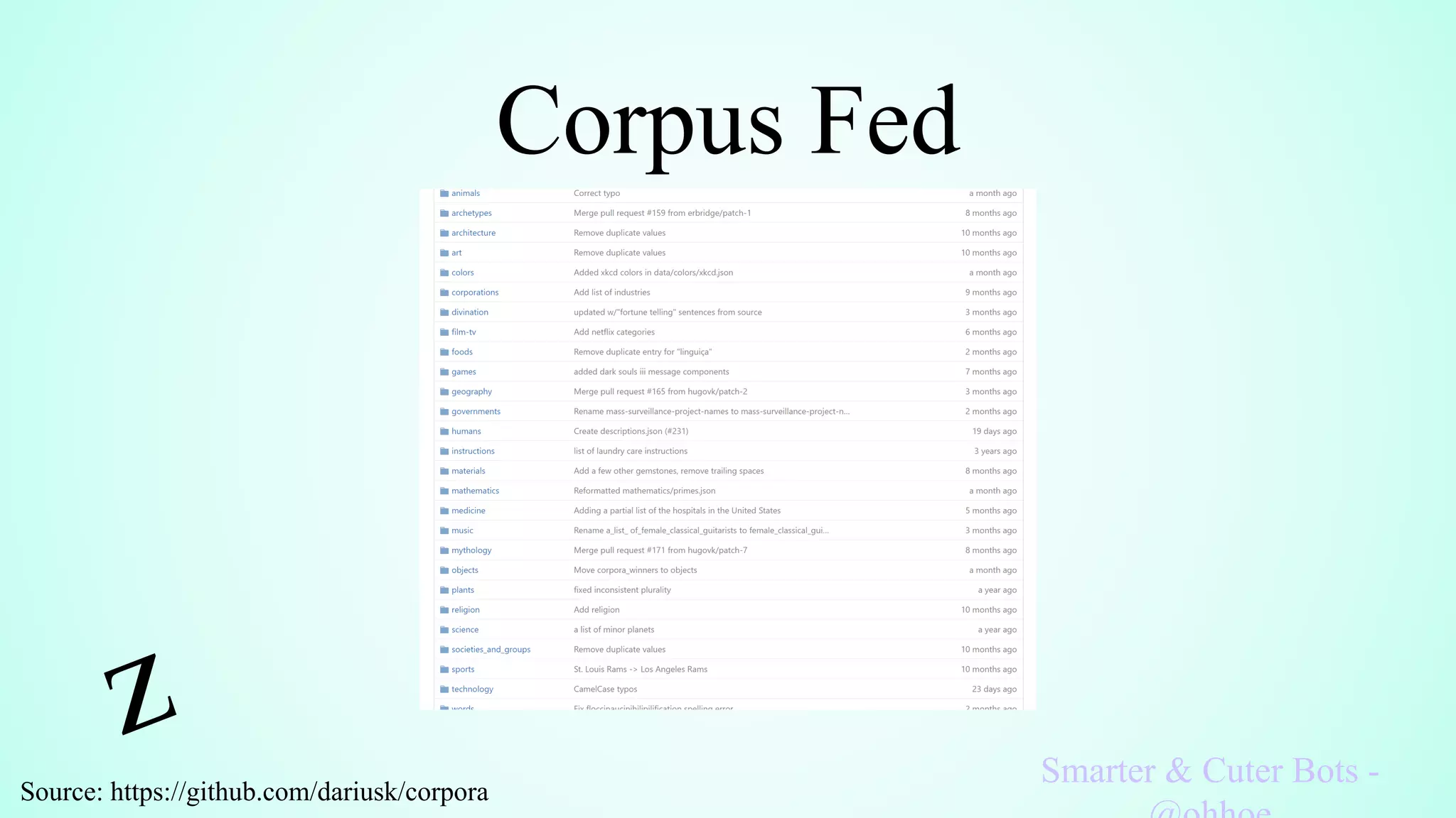 Corpus Fed
Smarter & Cuter Bots -
Source: https://github.com/dariusk/corpora
 