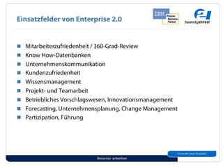 Einsatzfelder von Enterprise 2.0


!! Mitarbeiterzufriedenheit / 360-Grad-Review
!! Know How-Datenbanken
!! Unternehmenskommunikation
!! Kundenzufriedenheit
!! Wissensmanagement
!! Projekt- und Teamarbeit
!! Betriebliches Vorschlagswesen, Innovationsmanagement
!! Forecasting, Unternehmensplanung, Change Management
!! Partizipation, Führung




                             Smarter arbeiten
 